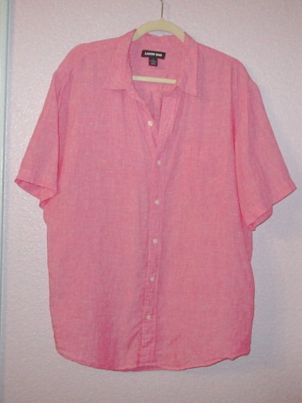 Lands End Linen Shirt Men's Size L Button Up Camp Traditional Fit Short Sleeves